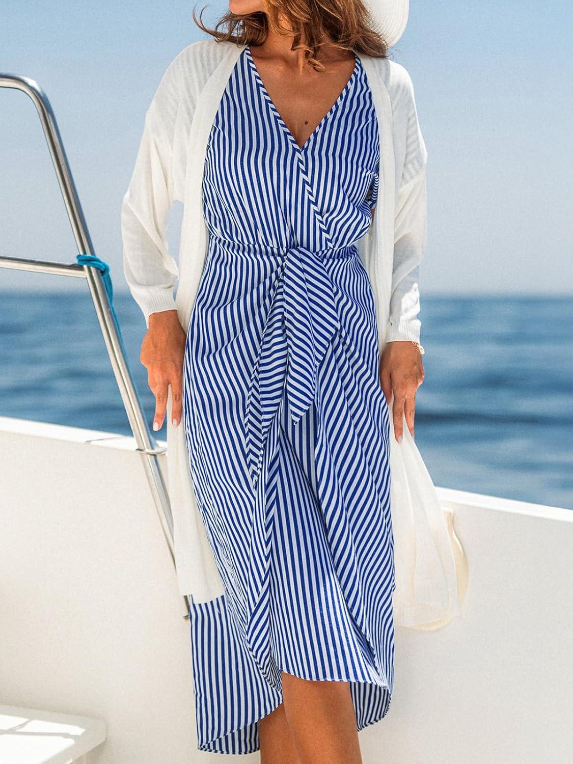 imageCUPSHE Womens V Neck Wrap Dress Twisted Slit Pleated Waist Tie Short Sleeve Summer Midi DressesNavy Blue Stripe