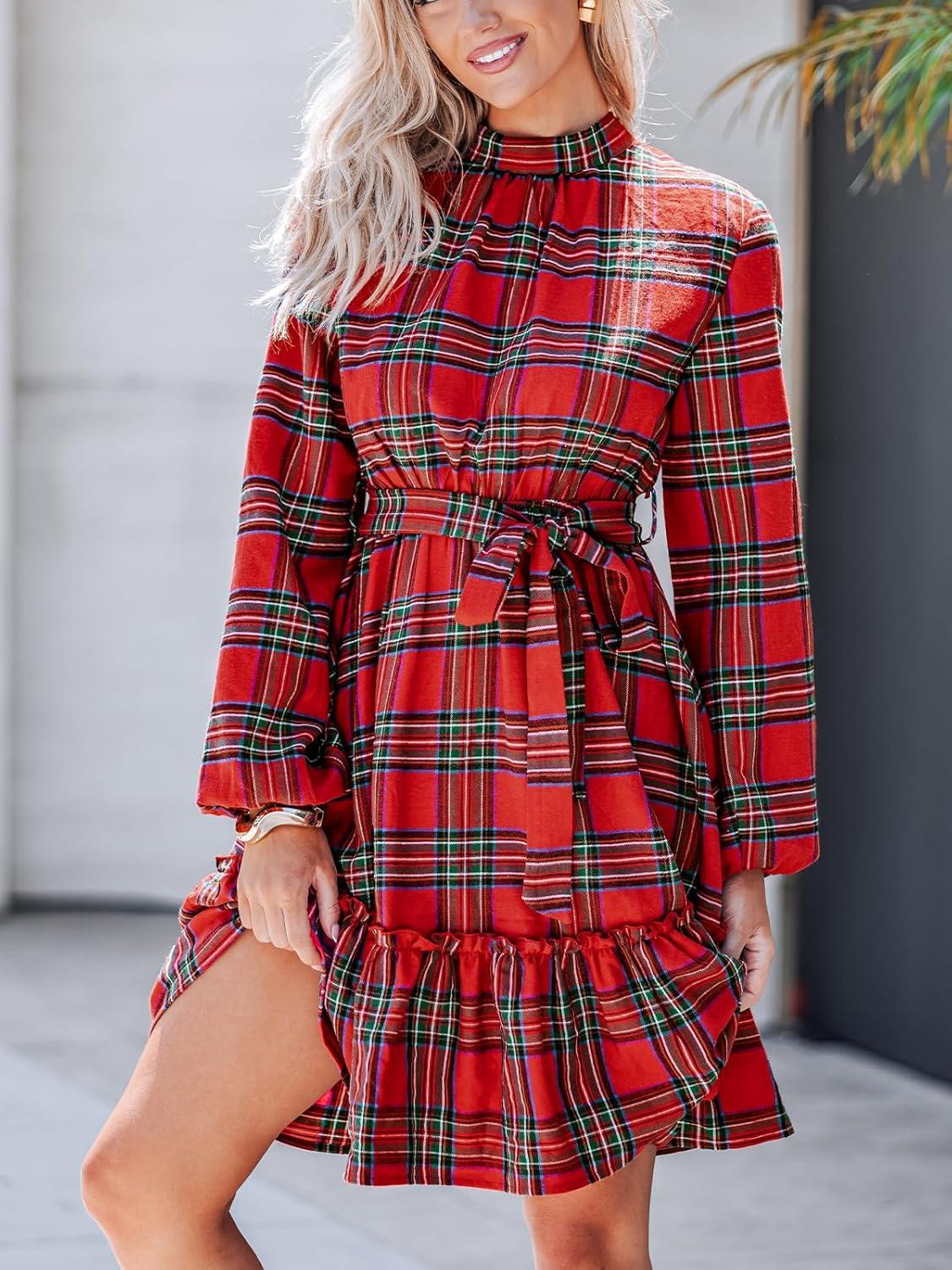 imageCUPSHE Womens Winter Christmas Dress High Neck Plaid Tie Back Long Sleeve Belted Ruffled Hem Mini DressesRed