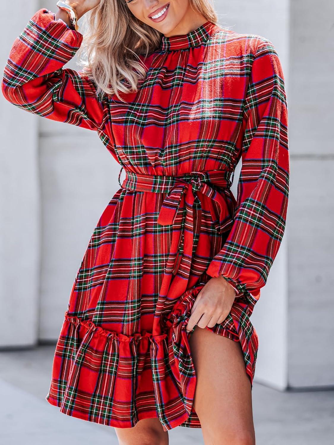 imageCUPSHE Womens Winter Christmas Dress High Neck Plaid Tie Back Long Sleeve Belted Ruffled Hem Mini DressesRed