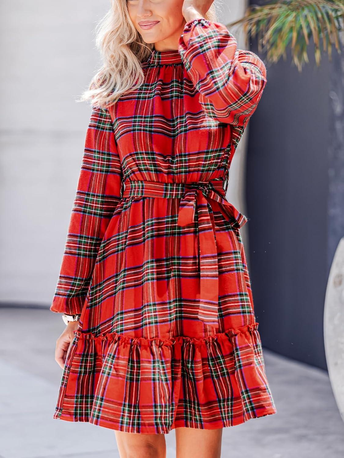 imageCUPSHE Womens Winter Christmas Dress High Neck Plaid Tie Back Long Sleeve Belted Ruffled Hem Mini DressesRed