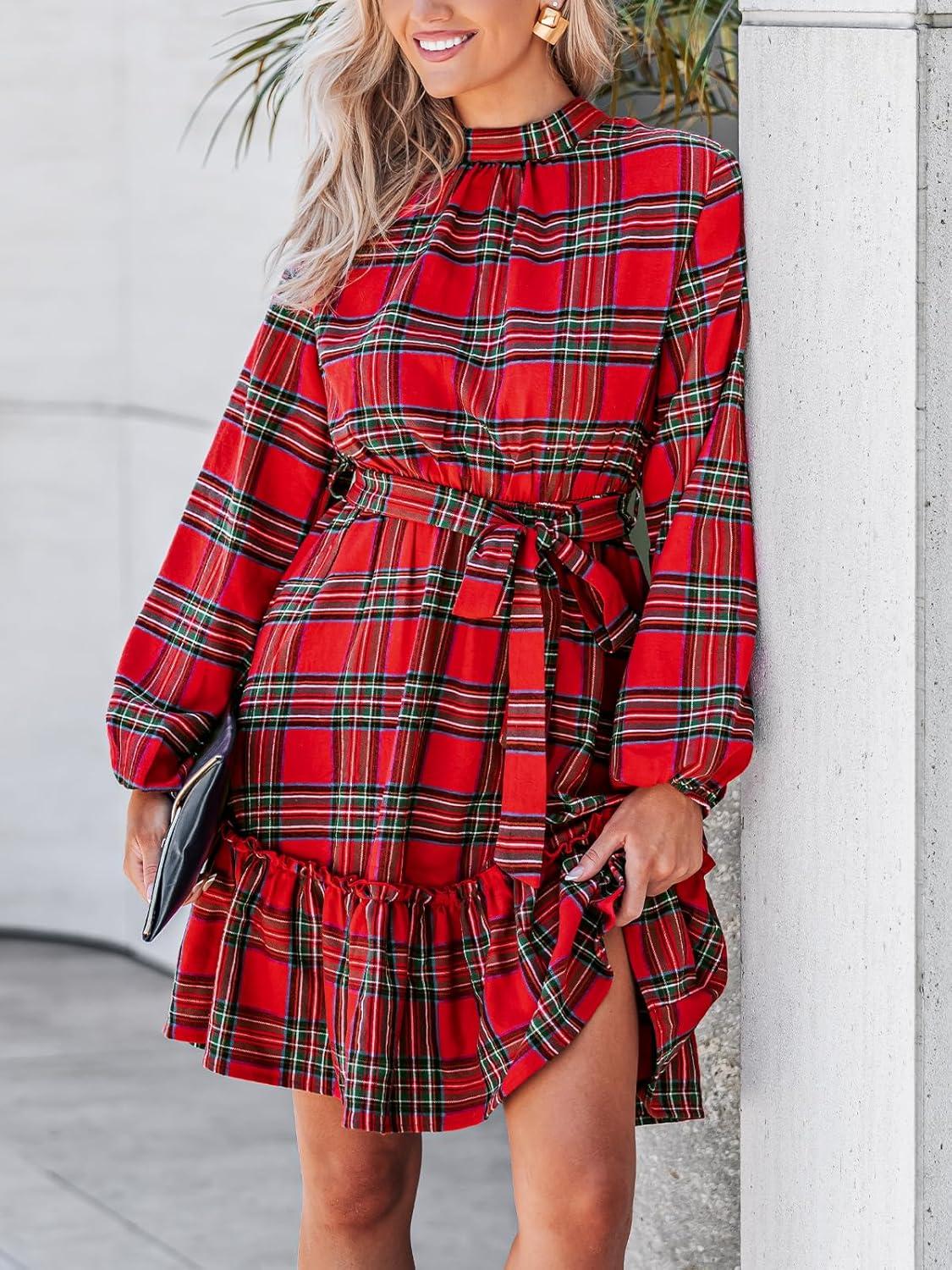 imageCUPSHE Womens Winter Christmas Dress High Neck Plaid Tie Back Long Sleeve Belted Ruffled Hem Mini DressesRed