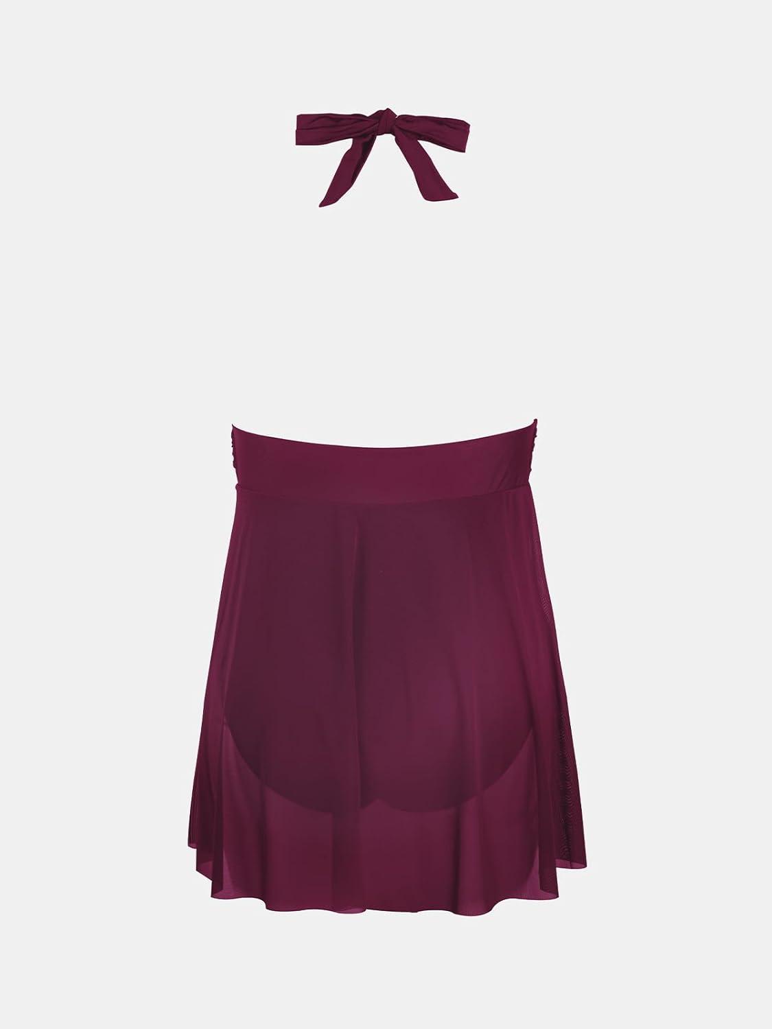 imageCUPSHE Womenss Plus Size One Piece Swim Dress Tummy Control Swimsuit V Neck Bathing Suit Halter Mesh Skirt TieDark Red