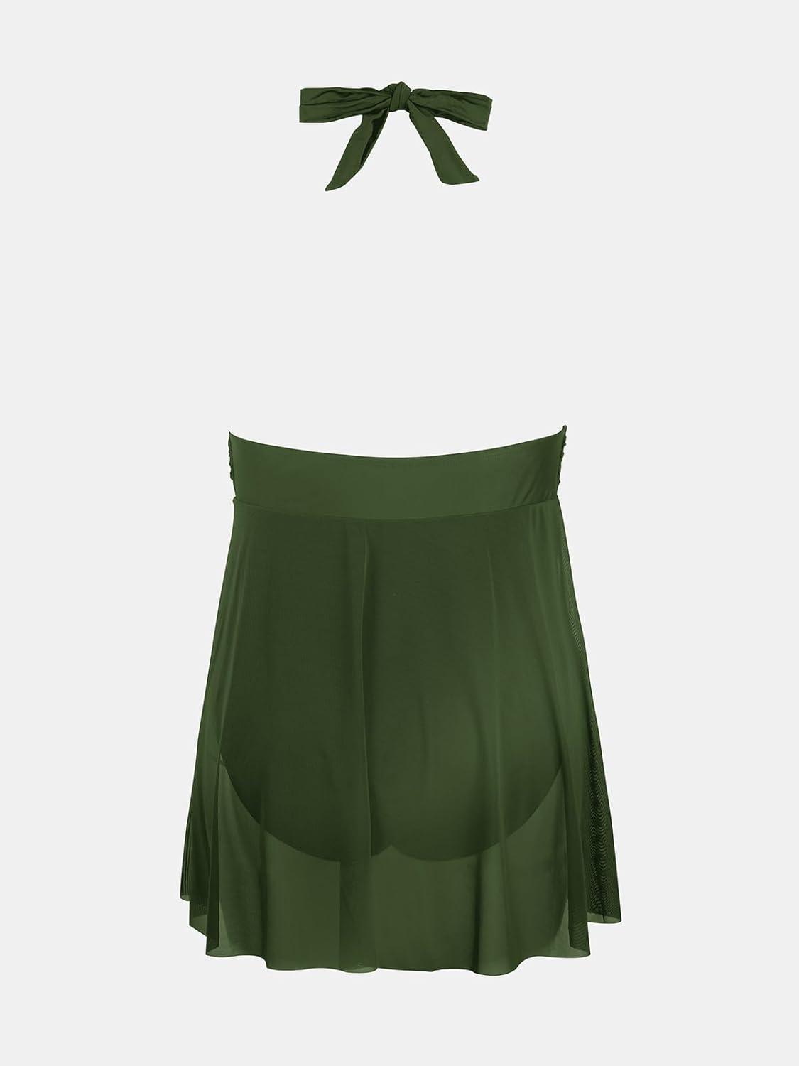 imageCUPSHE Womenss Plus Size One Piece Swim Dress Tummy Control Swimsuit V Neck Bathing Suit Halter Mesh Skirt TieOlive Green