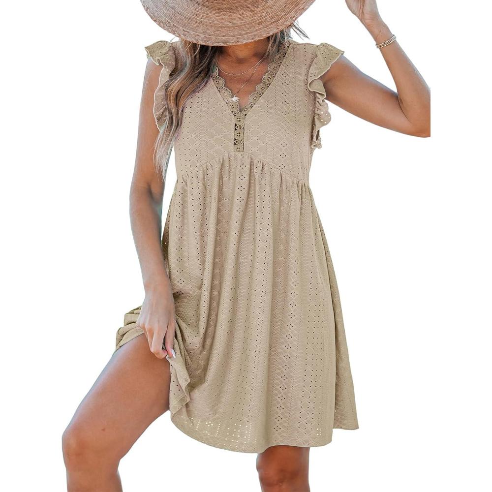 imageCUPSHE Beach Dress V Neck Cap Flutter Sleeve Lace Hollow Out Pleated Summer Mini Cover Up DressApricot