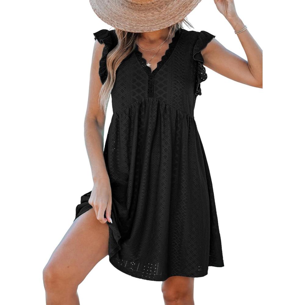 imageCUPSHE Beach Dress V Neck Cap Flutter Sleeve Lace Hollow Out Pleated Summer Mini Cover Up DressBlack