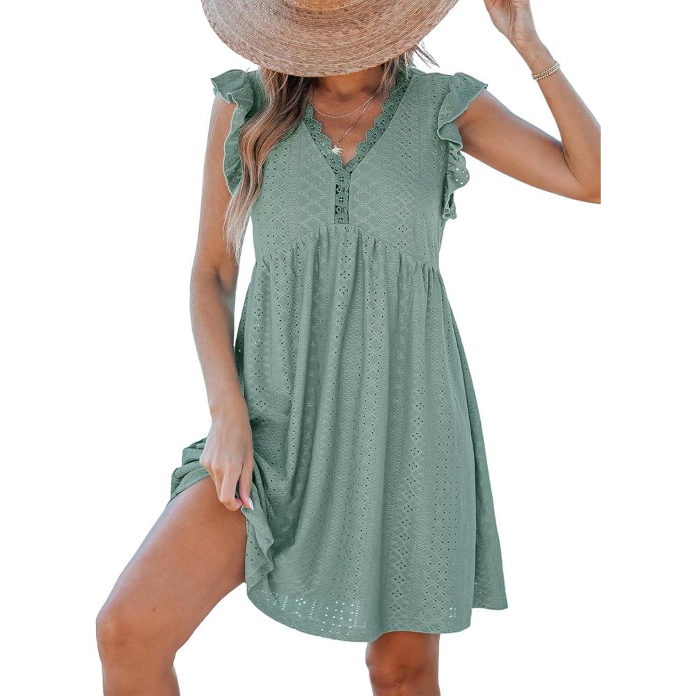 imageCUPSHE Beach Dress V Neck Cap Flutter Sleeve Lace Hollow Out Pleated Summer Mini Cover Up DressMint Green