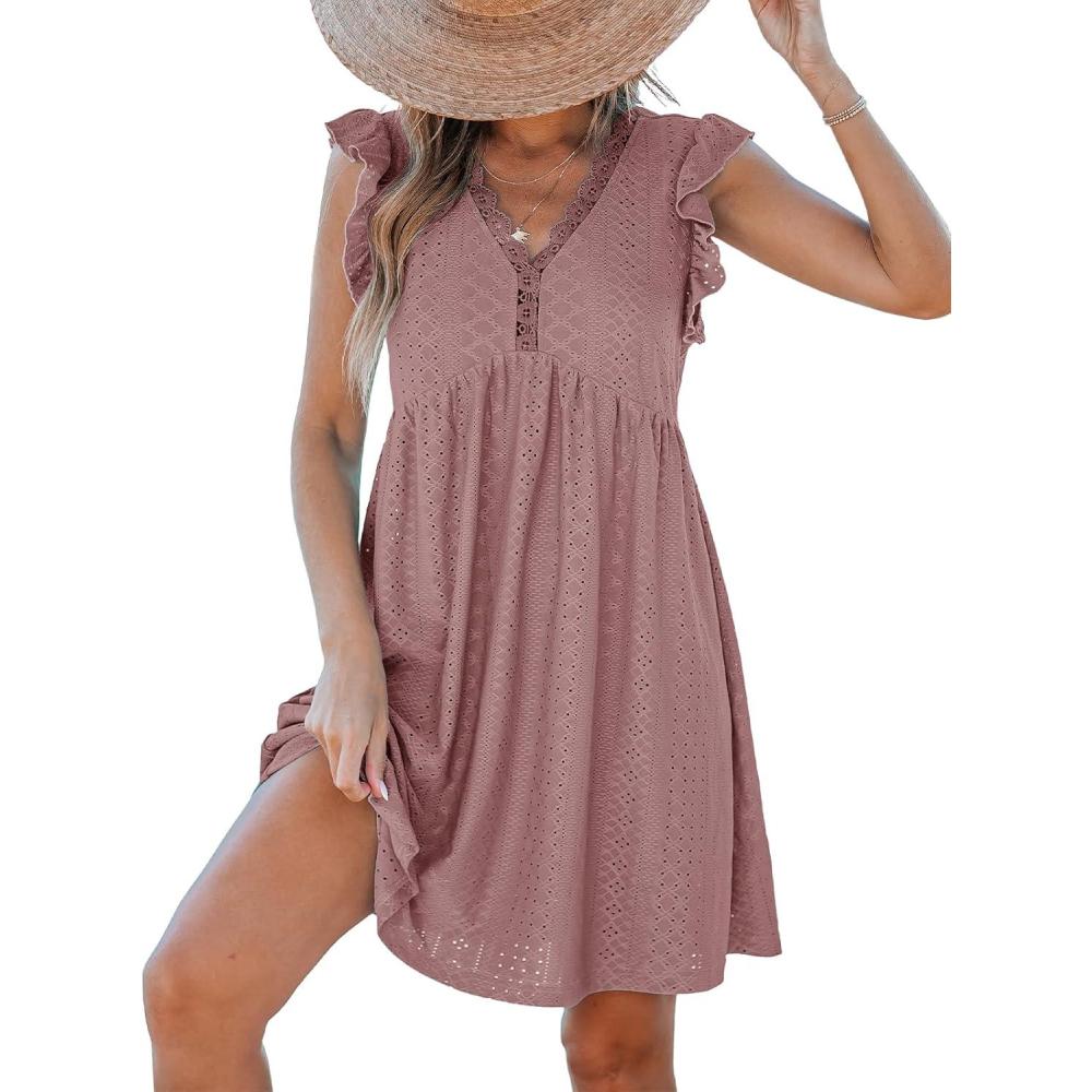 imageCUPSHE Beach Dress V Neck Cap Flutter Sleeve Lace Hollow Out Pleated Summer Mini Cover Up DressPink