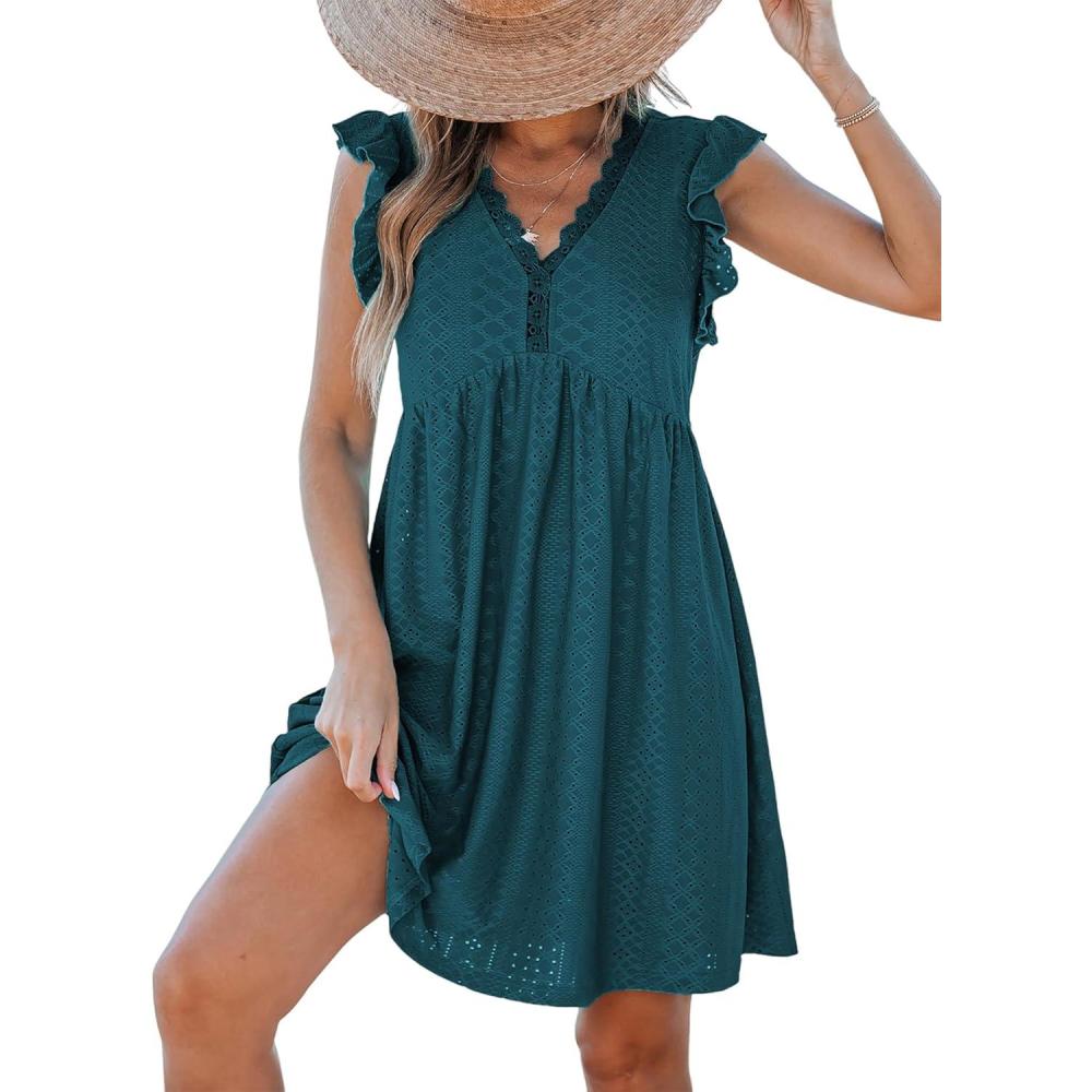 imageCUPSHE Beach Dress V Neck Cap Flutter Sleeve Lace Hollow Out Pleated Summer Mini Cover Up DressTeal Green