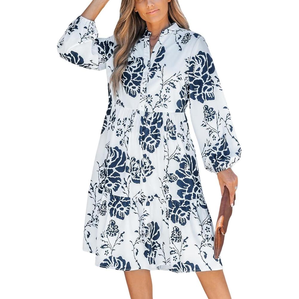 imageCUPSHE Fall Dress for Women 2025 V Neck Long Sleeve Floral Button Ruffled Fall Fashion Midi Spring Casual DressNavy Floral