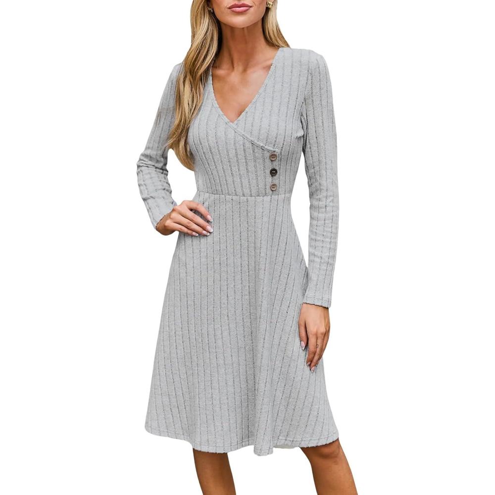 imageCUPSHE Fall Dresses for Women V Neck Long Sleeve Ribbed Knit Button A Line Mini Casual DressGrey