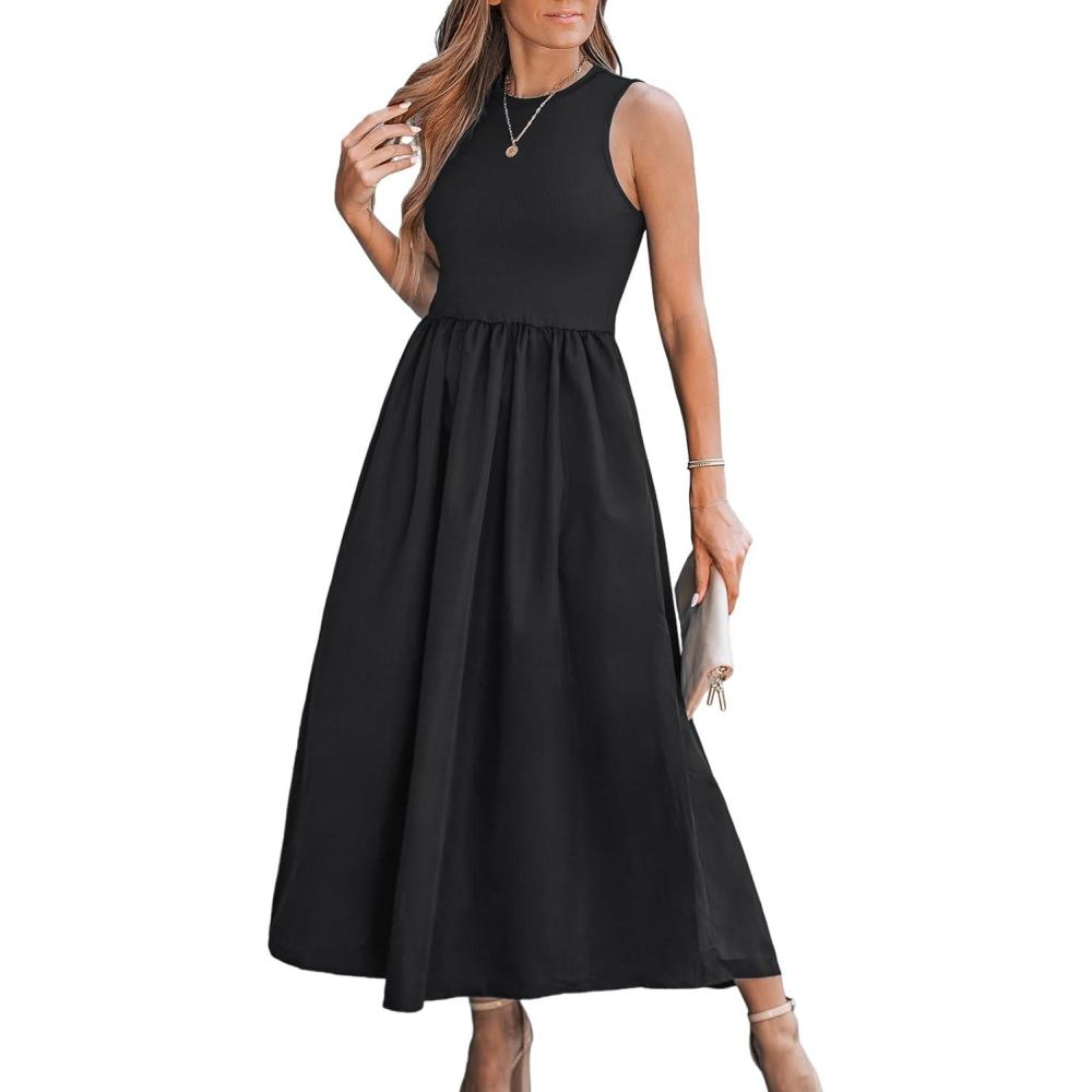 imageCUPSHE Formal Dress for Women 2025 Party Round Neck Knit Tank Top Cutout Sleeveless Pockets Maxi DressBlack