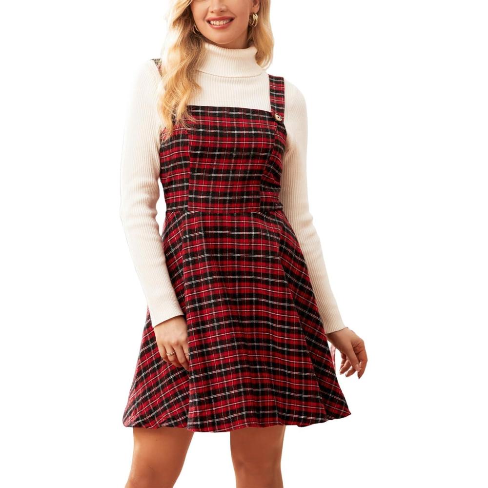 imageCUPSHE Mini Dress for Women Casual Square Neck Sleeveless Plaid A Line Christmas Overall DressRed Plaid