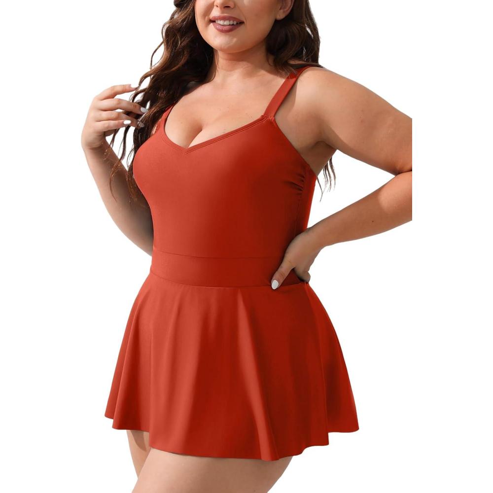 imageCUPSHE Plus Size Swimsuit for Women One Piece Bathing Suit Scoop Neck Ruffled Swim Dress Adjustable StrapsBrick Red