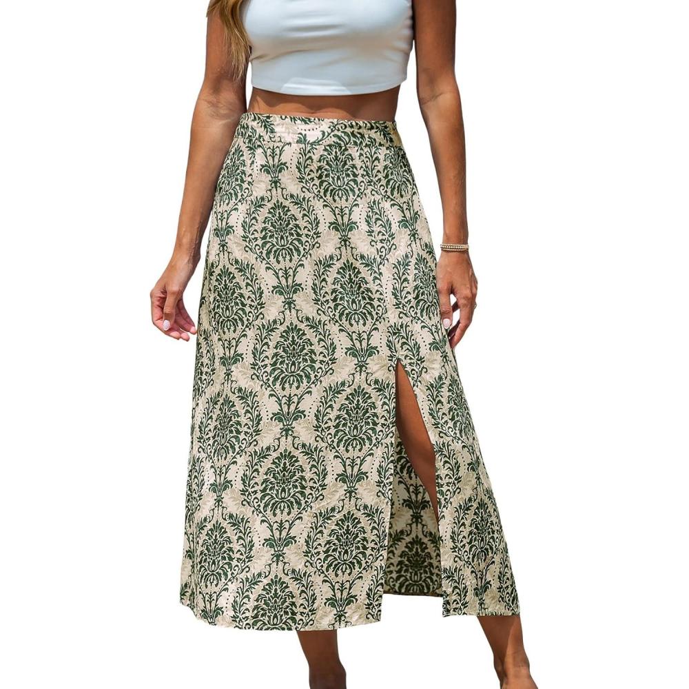 imageCUPSHE Skirts Woven Side Slit Midi Skirt High Waist Ornate CoverUp Sarong Casual VacationGreen
