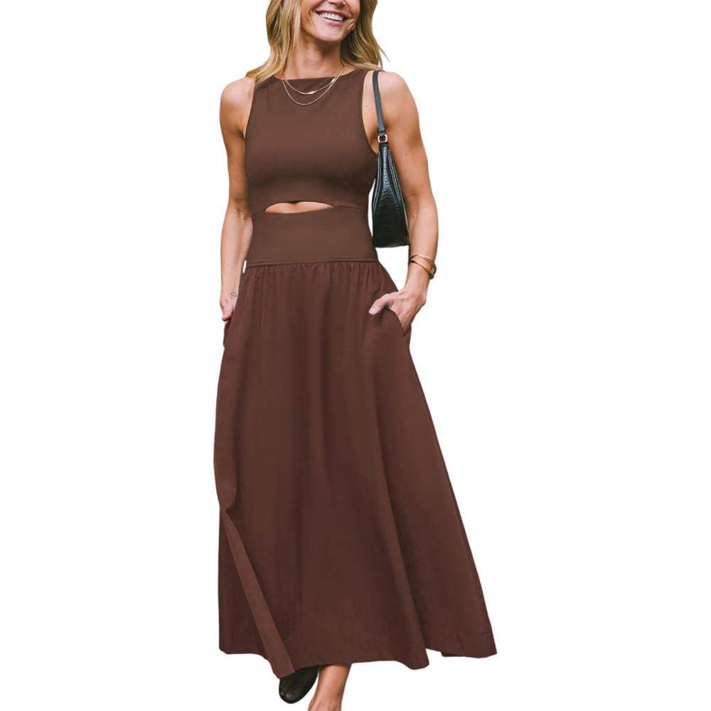 imageCUPSHE Summer Dress for Women 2025 Formal Sleeveless Round Neck Cutout Pockets Casual A Line Maxi DressBrown