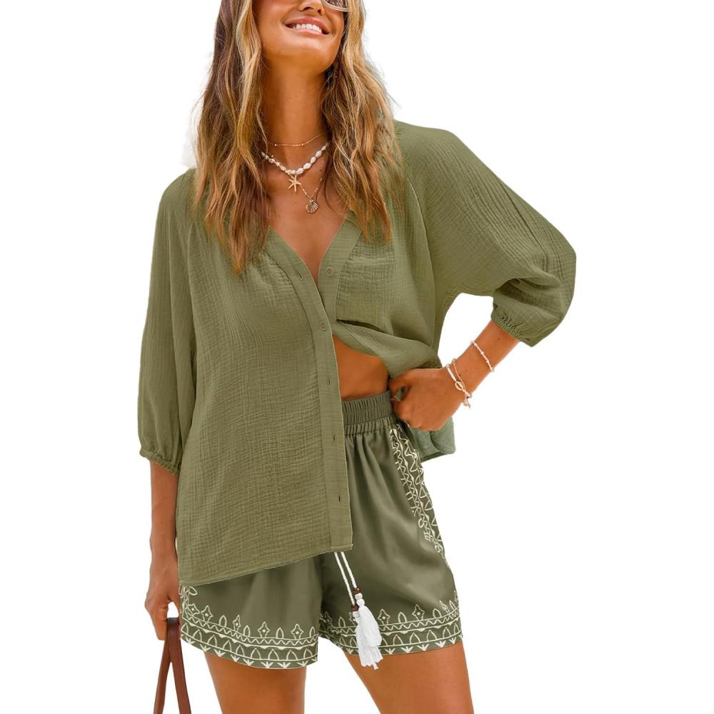 imageCUPSHE Swimsuit Coverup for Women Button Down 100 Cotton Shirts Half Sleeve Beach Wear BlouseGrass Green