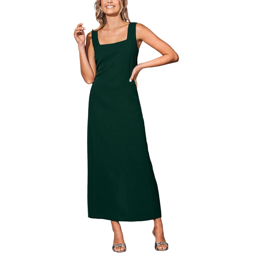 imageCUPSHE Women Backless Maxi Summer Dress Back Vent Square Neck Sleeveless A Line Casual Sundress Spring Semi Formal DressGreen