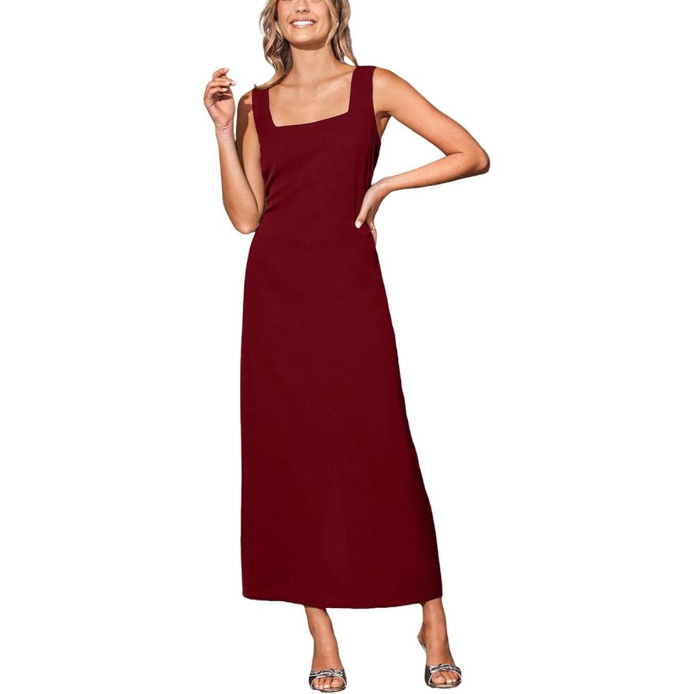 imageCUPSHE Women Backless Maxi Summer Dress Back Vent Square Neck Sleeveless A Line Casual Sundress Spring Semi Formal DressRed