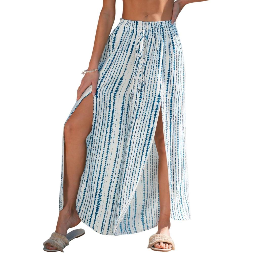 imageCUPSHE Women Bathing Suit Cover Up Pants Elastic Waist Split Wide Leg Casual Beach PantsWhiteblue Tiedye