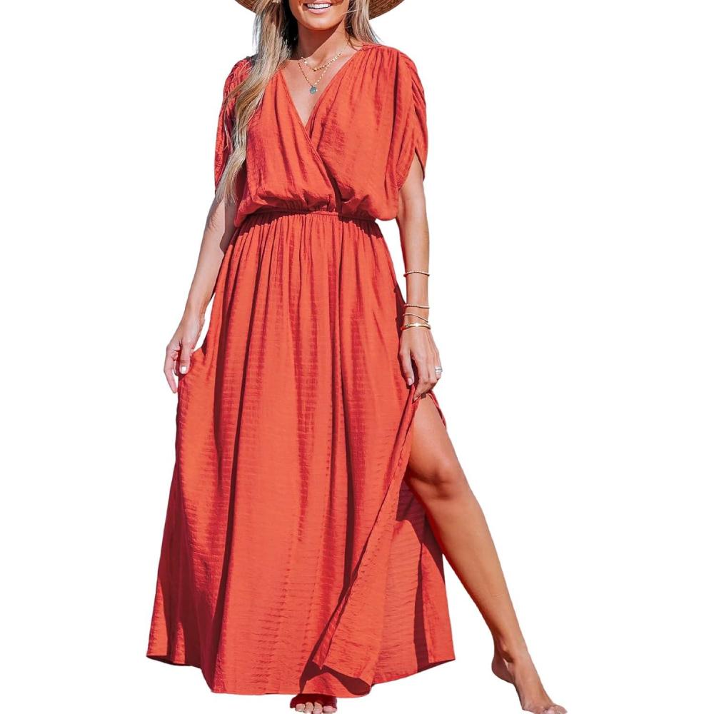 imageCUPSHE Women Bathing Suit Cover Up Swimsuit Crochet CoverUp Swimwear Beach Dress Vacation OutfitsDeep Coral Red