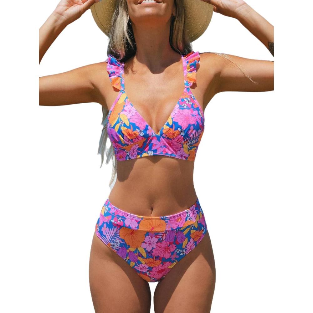 imageCUPSHE Women Bikini Sets 2 Piece Swimsuit High Waisted Bottom Floral Print Ruffle V Neck Bathing SuitsPink Floral