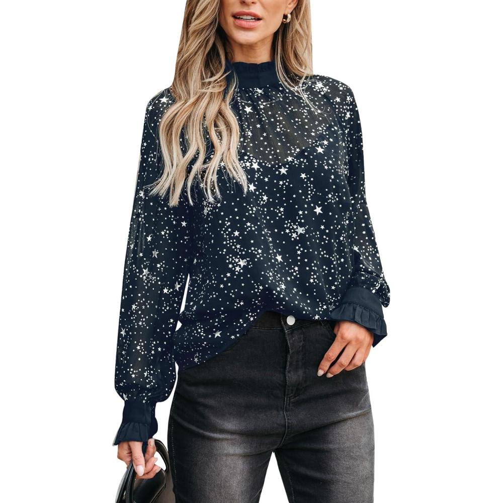 imageCUPSHE Women Blouses Star Print SemiSheer Ruffled Long Sleeve Mock Neck Shirt Dressy PartyBlue