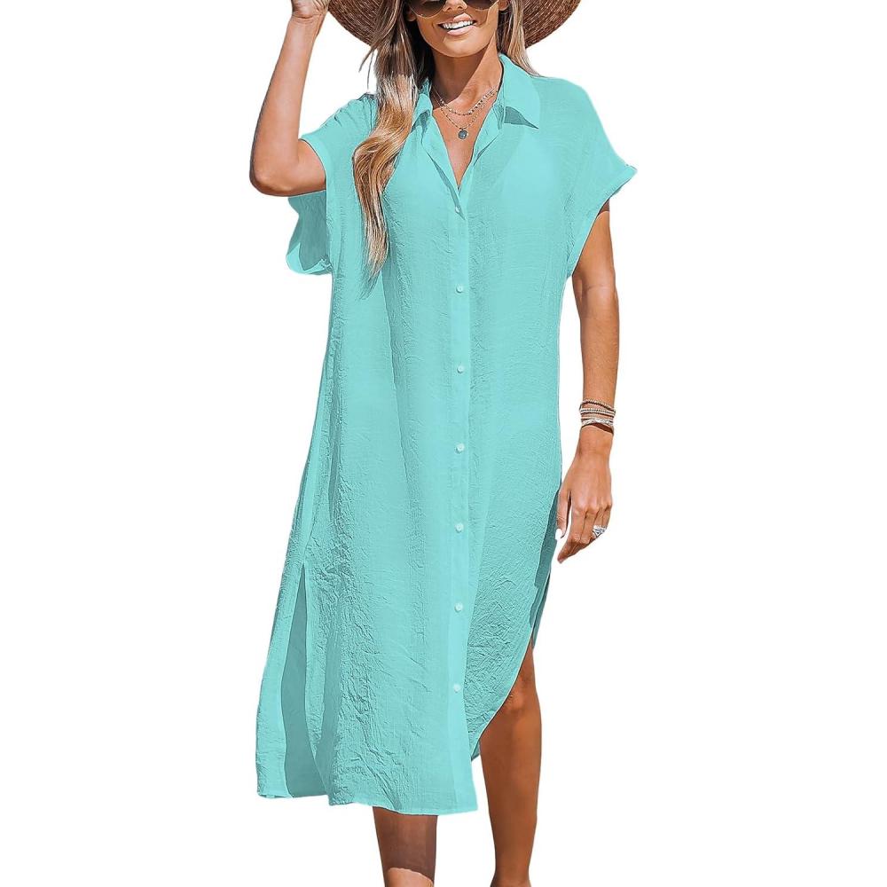 imageCUPSHE Women Buttoned CoverUp Shirt Dress Summer Short Sleeve Split Midi DressesLight Green