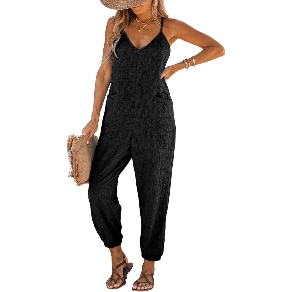 imageCUPSHE Women Casual Adjustable Cami Straps Overalls Summer VNeck JoggersBlack