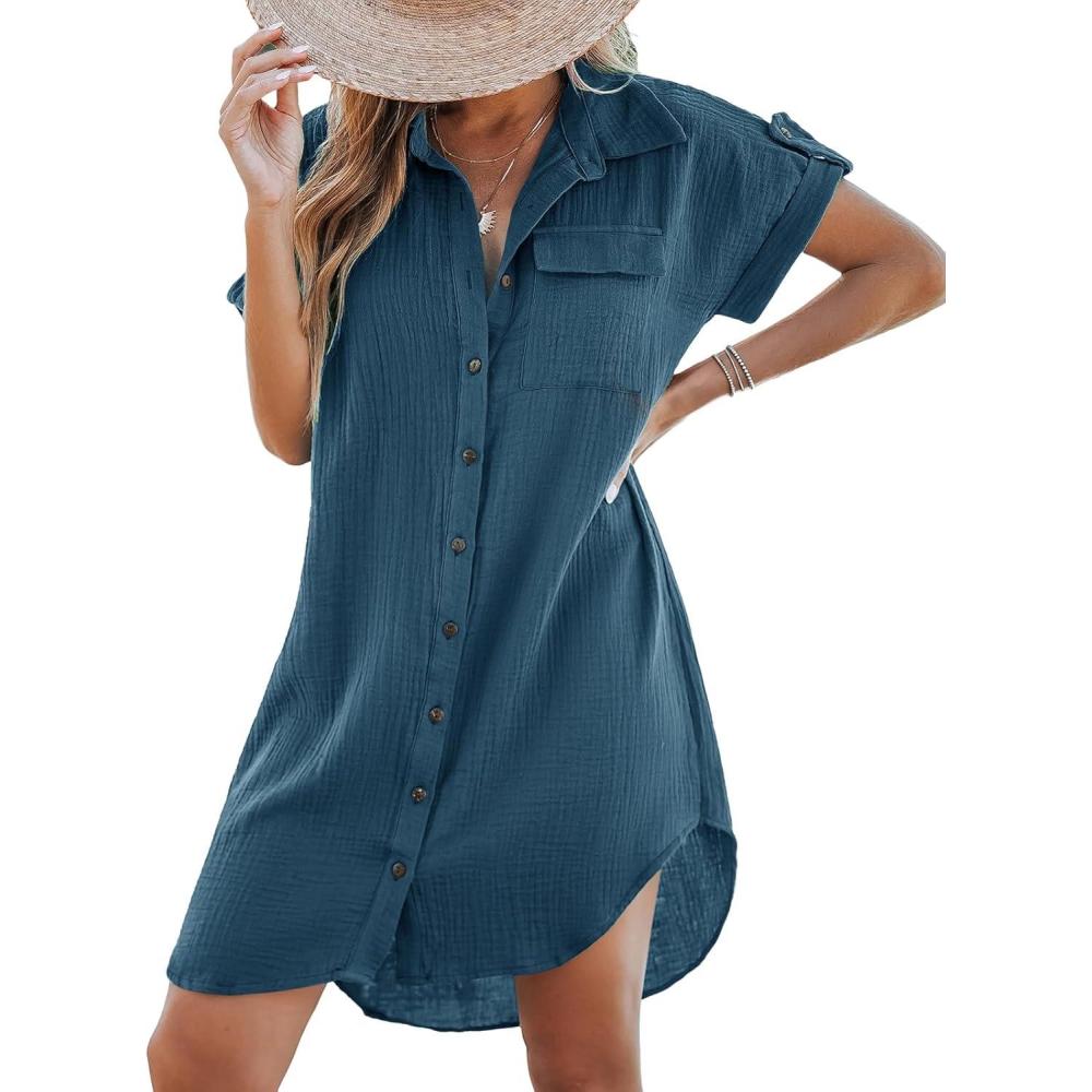 imageCUPSHE Women Collar Neck Short Sleeves Front Buttons Chest Pocket Beach Mini Dresses CoverupNavy