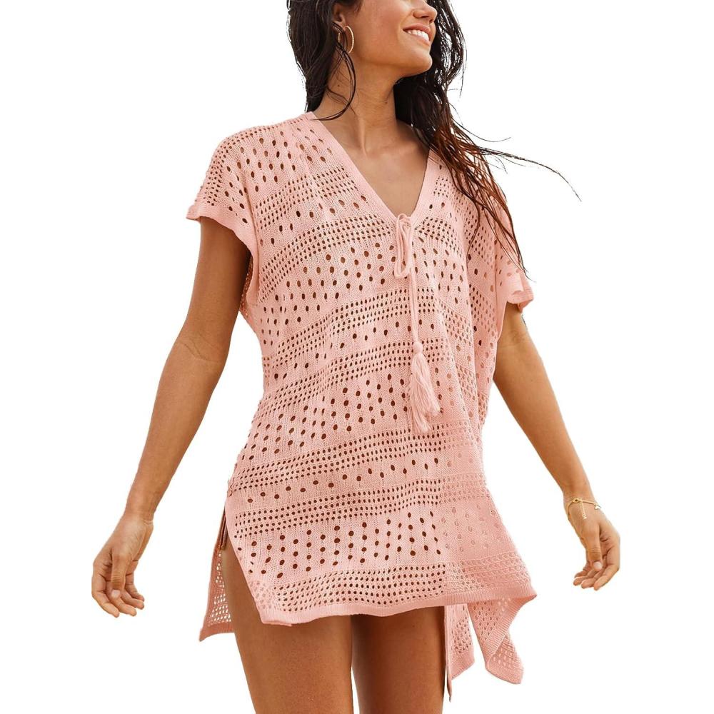 imageCUPSHE Women Crochet Beach Cover Ups Summer V Neck Casual Mini Coverup Dress Short Sleeve Split Hem Bathing Suit Cover UpPink