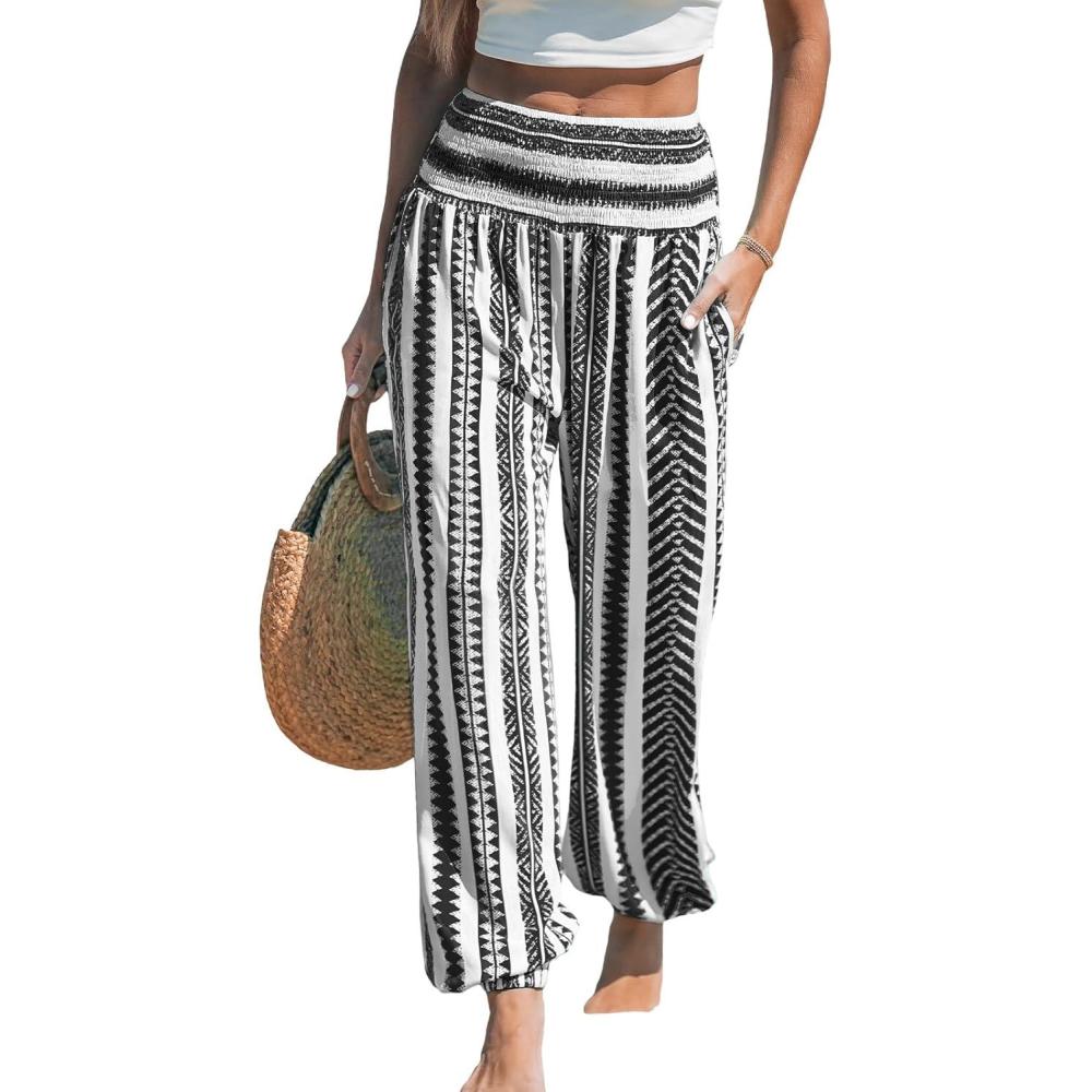 imageCUPSHE Women Pants Smocked Waist Pants Tapered Leg Pant Loose Fit Long Trousers Casual BeachBlack