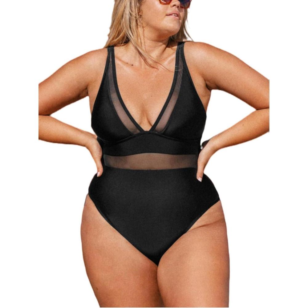 imageCUPSHE Women Plus Size One Piece Swimsuit V Neck Mesh Sheer Tummy Control Bathing Suit with Adjustable Wide StrapsBlack