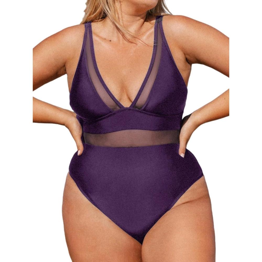 imageCUPSHE Women Plus Size One Piece Swimsuit V Neck Mesh Sheer Tummy Control Bathing Suit with Adjustable Wide StrapsBlackberry Wine