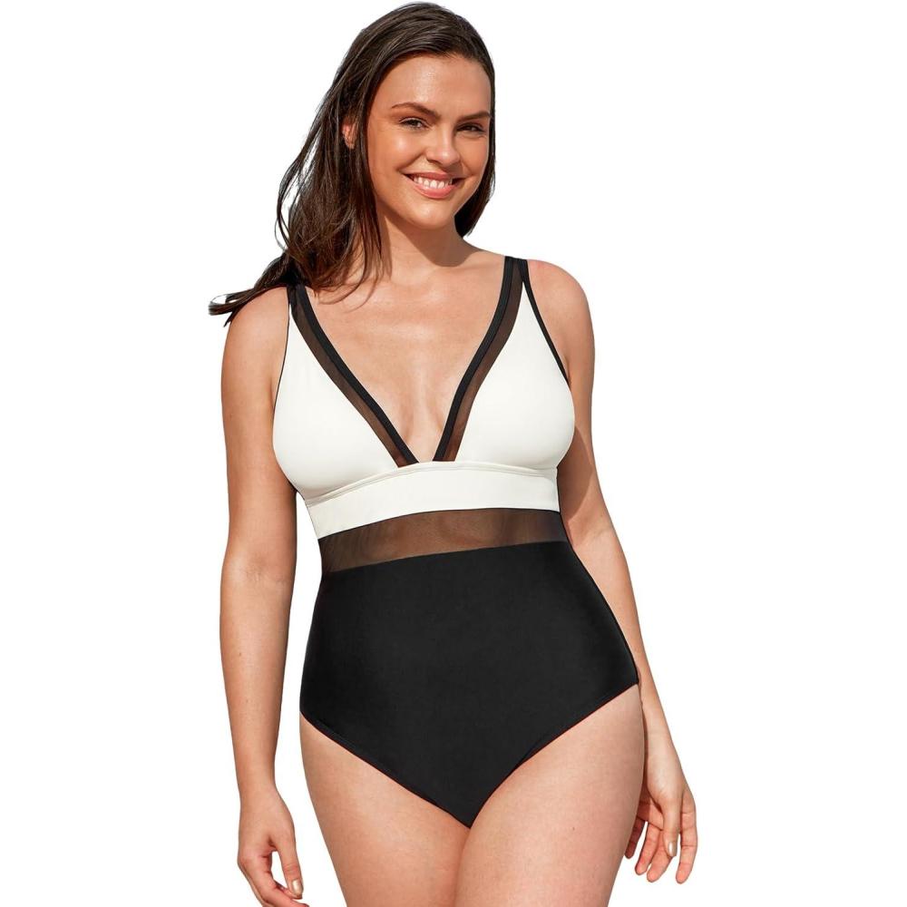 imageCUPSHE Women Plus Size One Piece Swimsuit V Neck Mesh Sheer Tummy Control Bathing Suit with Adjustable Wide StrapsWhiteBlack