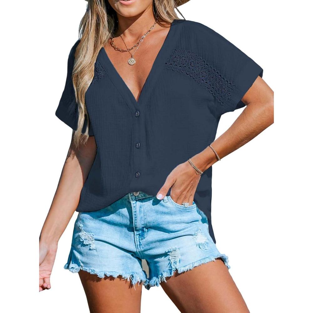 imageCUPSHE Women Summe Tops V Neck Blouses Short Sleeves Lace Shirt Button Front Tee Work Vacation OutfitsBlue