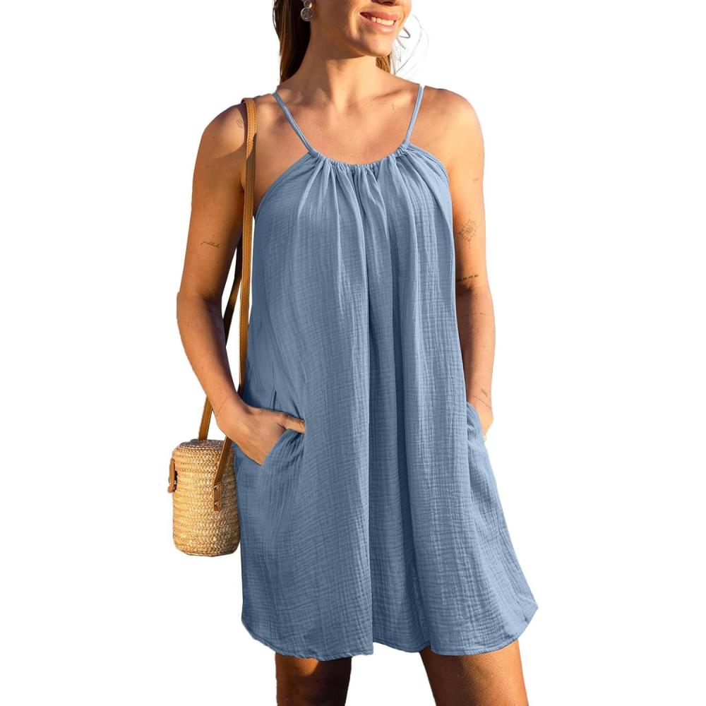 imageCUPSHE Women Swimsuit Cover Up Sleeveless 100 Cotton Beach Swimwear Coverup Summer Dress with Side PocketsBlue