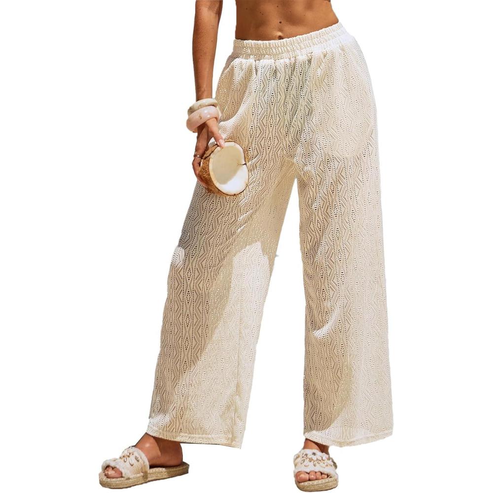 imageCUPSHE Women Swimsuit Coverup Pants Wide Leg Sheer Mesh Beach Pants with Side PocketsBeige
