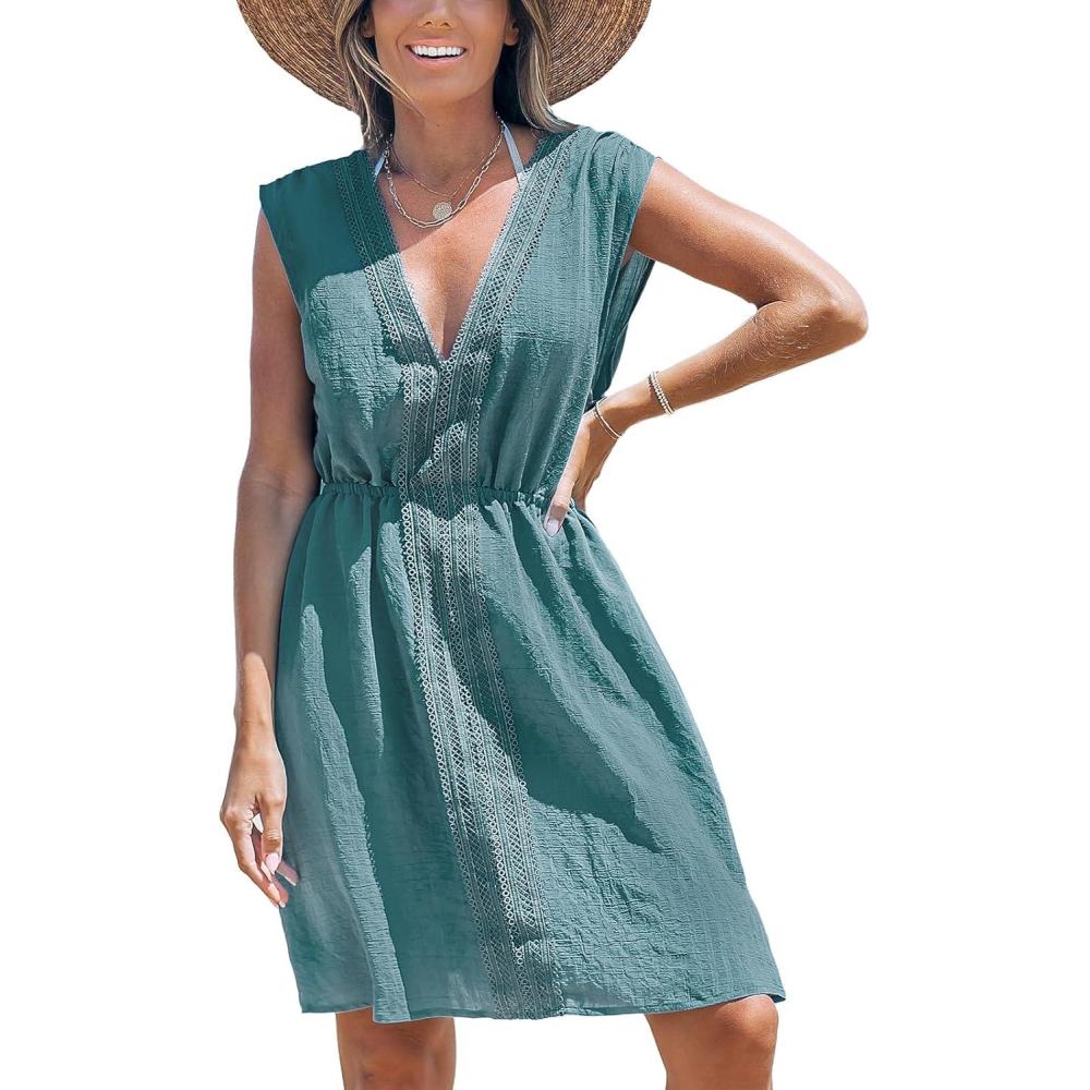 imageCUPSHE Women Swimsuit Coverup Sleeveless Swimwear V Neck Beach Cover Up for Summer 2024Cyan