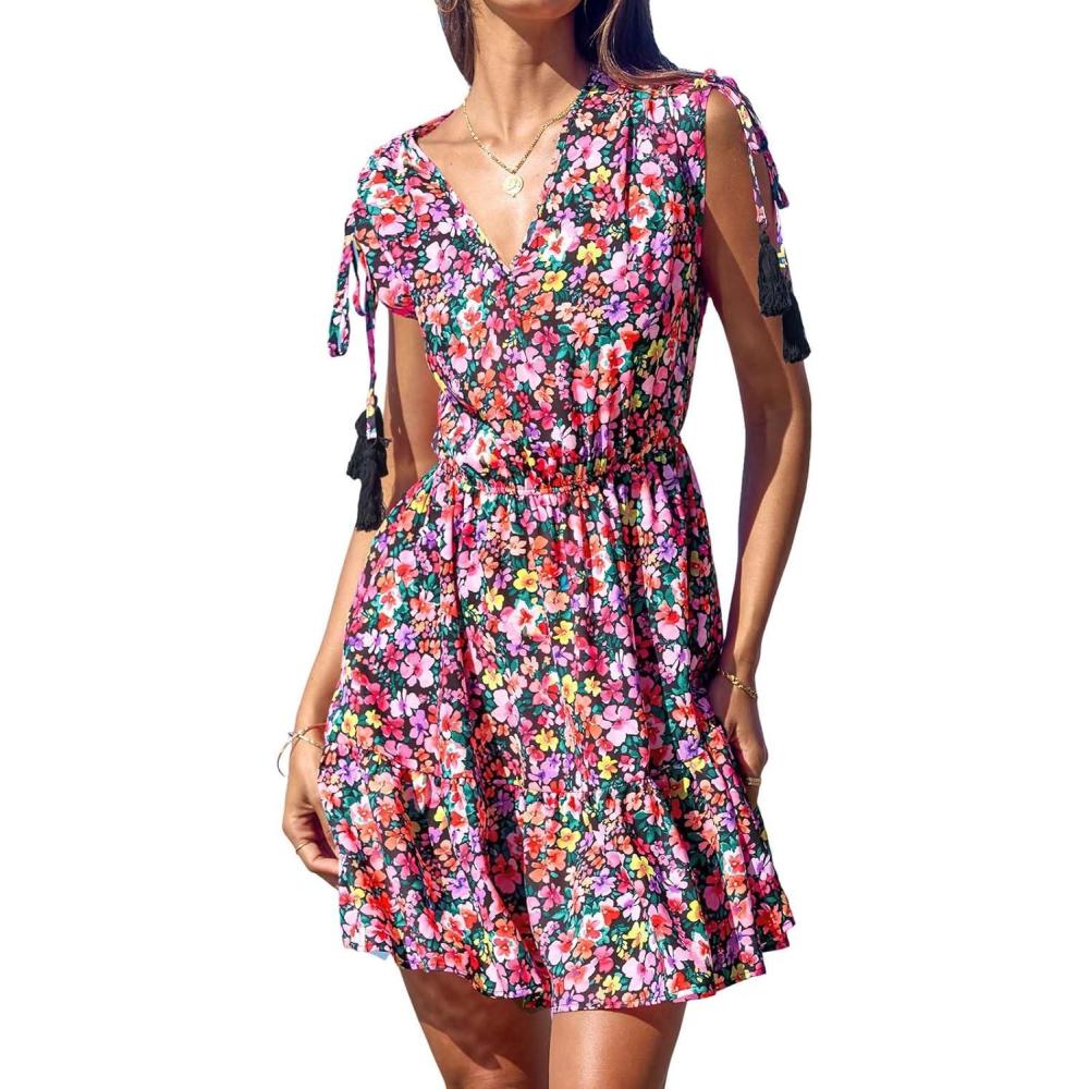 imageCUPSHE Women Swimsuit Coverup Sleeveless Swimwear V Neck Pool Cover Up for Bathing SuitHot Pink Floral