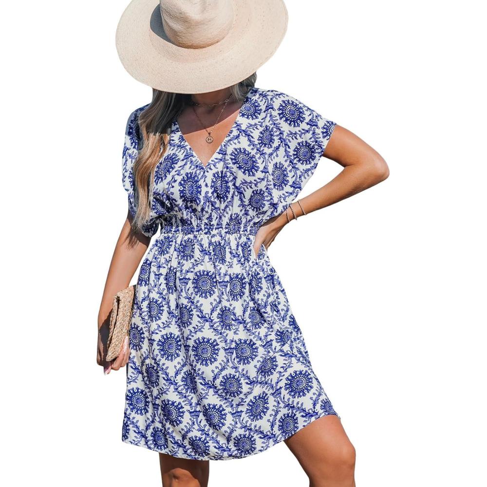 imageCUPSHE Women Swimsuit Coverup Swimwear Bathing Suit Cover Up Short Sleeve V Neck Beach Cover Ups Summer DressBlue