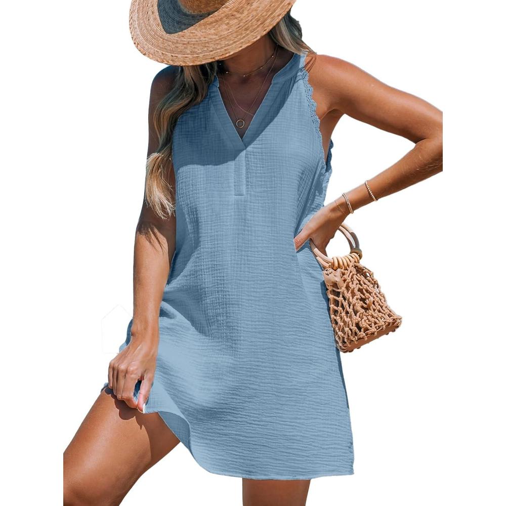 imageCUPSHE Women Swimsuit Coverup V Neck Sleeveless Beach Cover Ups Dress Lace Trim Vacation Outfits for 2025Blue