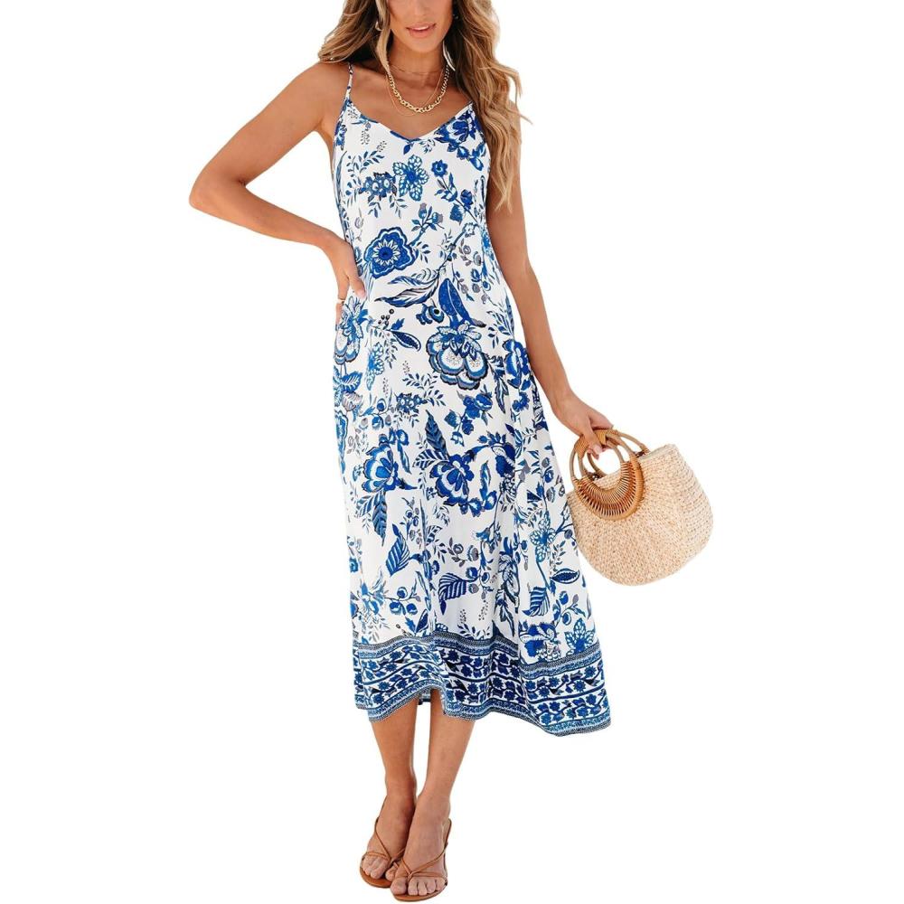 imageCUPSHE Women Swimsuit Coverup V Neck Sleeveless Maxi Summer Beach DressesBlue Floral