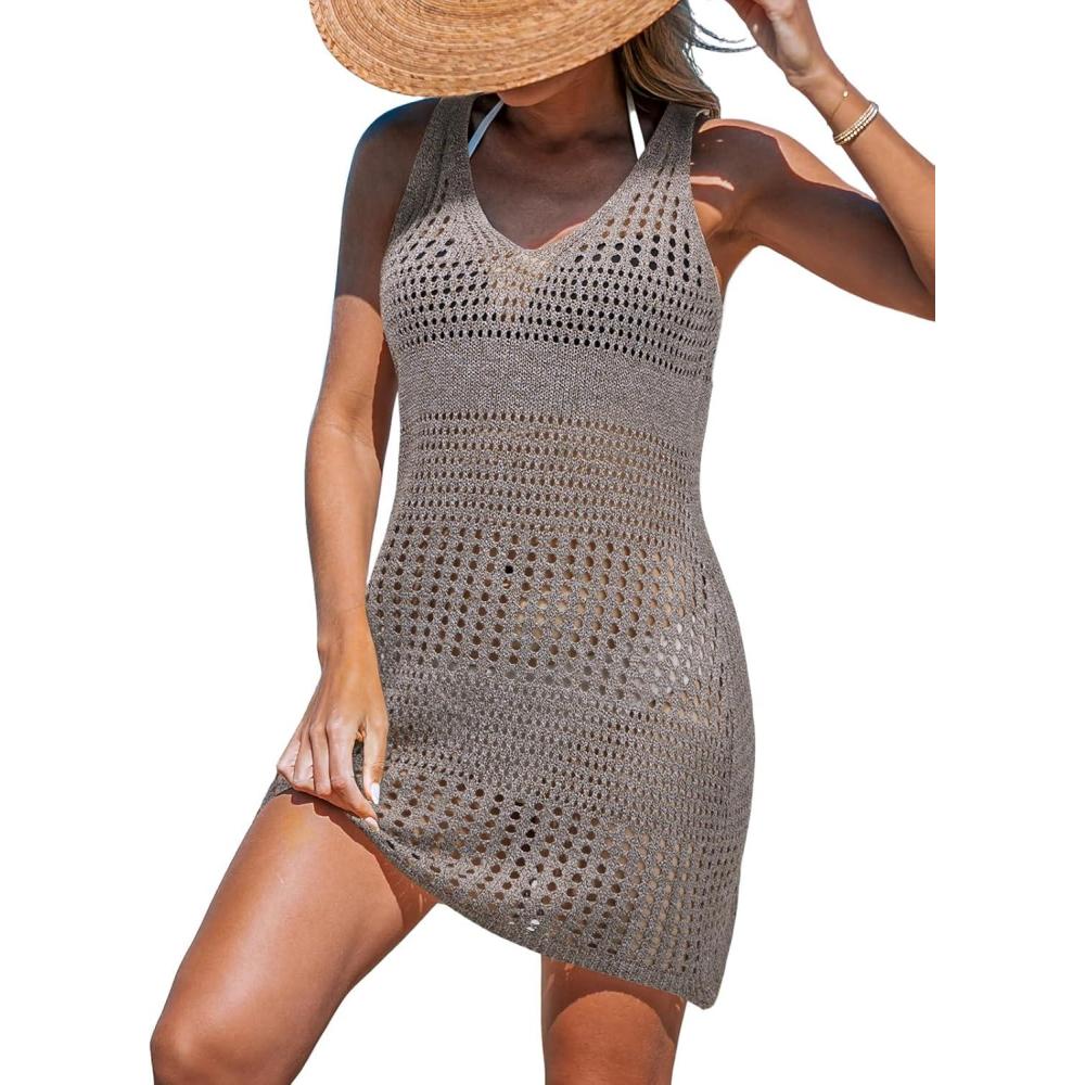 imageCUPSHE Women Swimsuit Crochet Sleeveless Cover Ups Summer Hollow Out Knit Bathing Suit Beach Coverup DressBrown