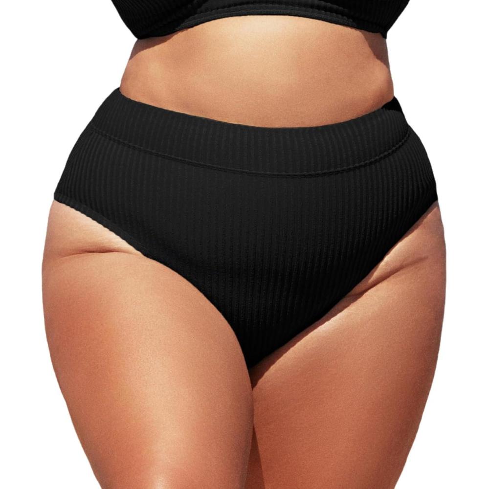 imageCUPSHE Women Swimsuit Plus Size Bikini Bottom High Waisted Ribbed Texture Modest Widen Band Bathing SuitBlack