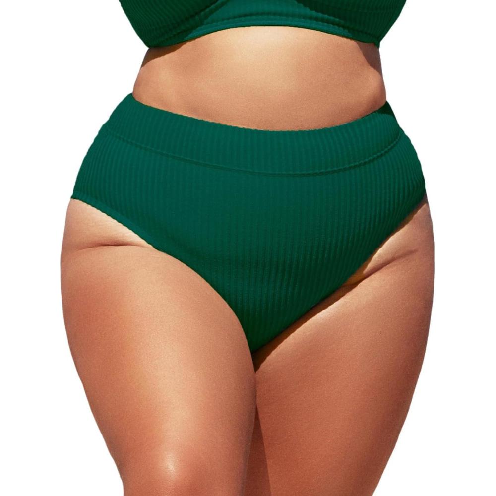 imageCUPSHE Women Swimsuit Plus Size Bikini Bottom High Waisted Ribbed Texture Modest Widen Band Bathing SuitGreen