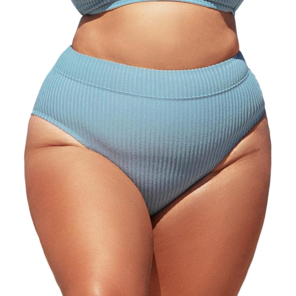 imageCUPSHE Women Swimsuit Plus Size Bikini Bottom High Waisted Ribbed Texture Modest Widen Band Bathing SuitLight Blue
