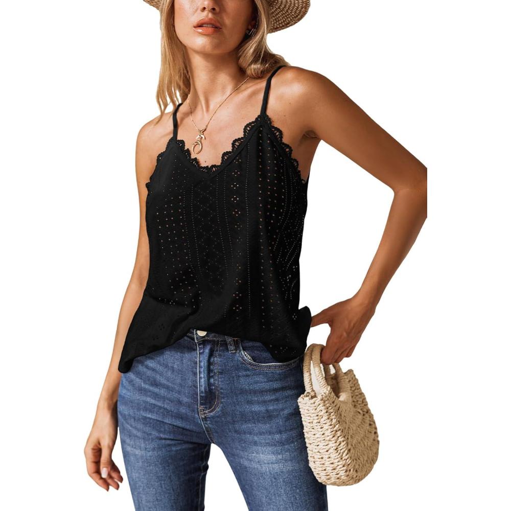 imageCUPSHE Women Tops Eyelet Jersey Cami Lace Shirt V Neck Sleeveless Tee Casual DressyBlack