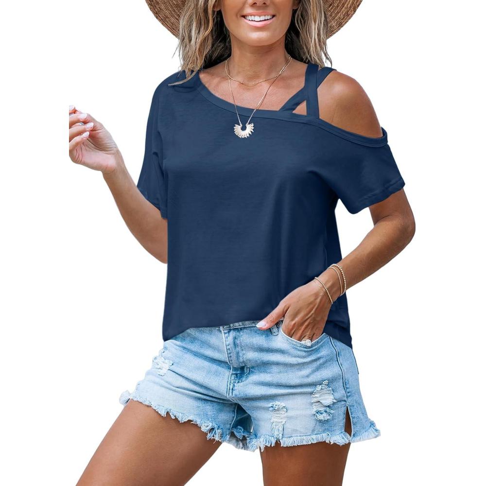imageCUPSHE Women Tops Short Sleeve OneShoulder Dual Cami Straps Tee Shirt Casual BeachNavy