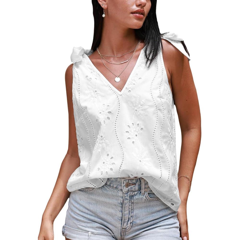 imageCUPSHE Women Tops V Neck Tie Shoulder Tank Cutout Sleeveless Tee Shirt CasualWhite