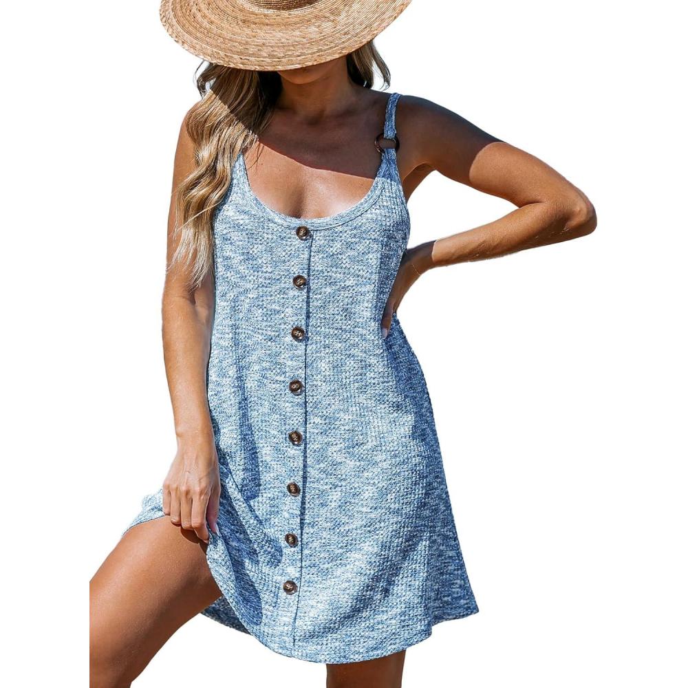 imageCUPSHE Women Waffle Knit Beach Cover Ups ORing Button Front Sleeveless Bathing Suit Coverup DressBlue